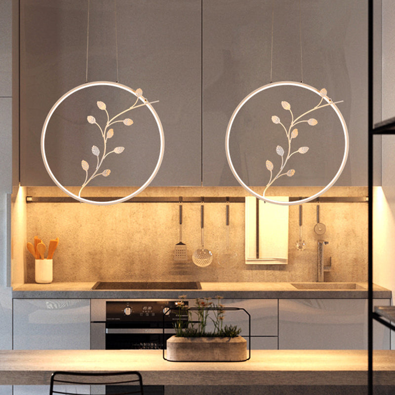 Minimalist Led Ring Acrylic Hanging Light With Branch Deco - Warm/White Suspension Lamp