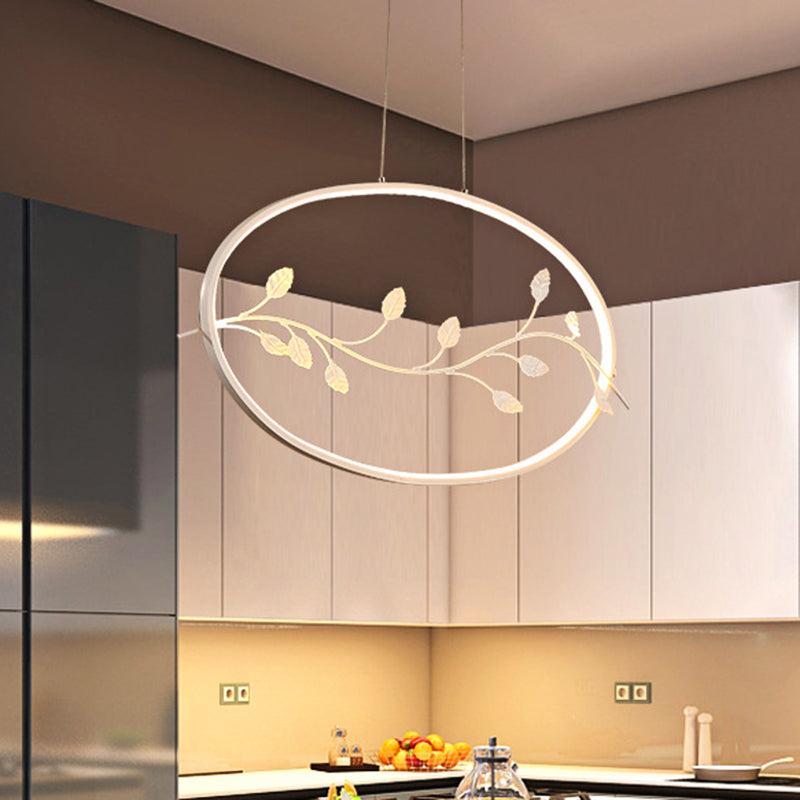 Contemporary Circle Pendant Light with Acrylic Shade & Branch Decor - White LED Ceiling Lamp for Dining Room in Warm/White Light