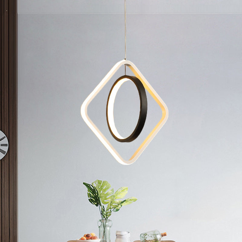 Black Led Suspension Light With Acrylic Shade - Modern Hoop And Square Pendant Lamp In Warm/White