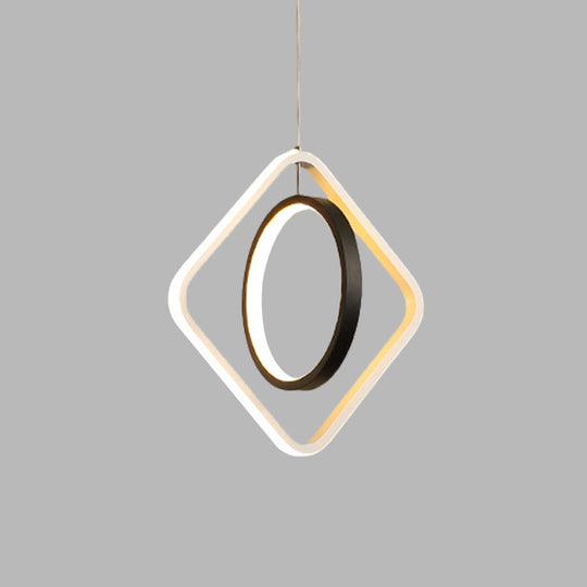 Black Led Suspension Light With Acrylic Shade - Modern Hoop And Square Pendant Lamp In Warm/White