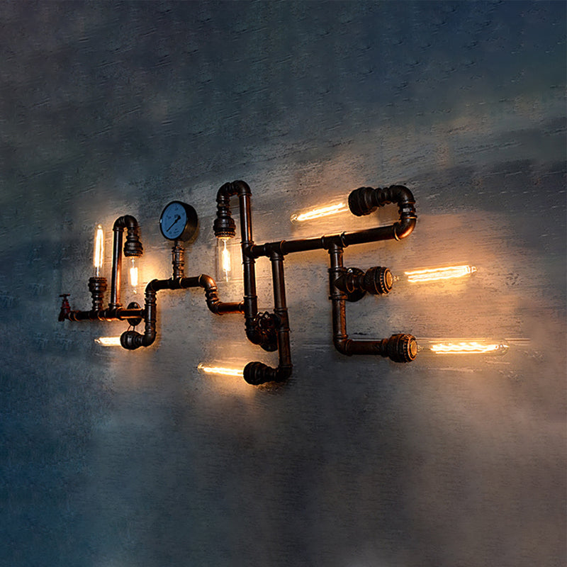 Maze Design Metal Wall Lighting With Steampunk Pressure Gauge - Bronze 8-Light Bathroom Sconce