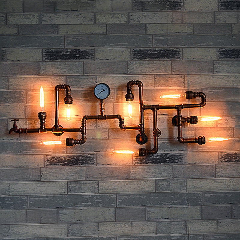 Maze Design Metal Wall Lighting With Steampunk Pressure Gauge - Bronze 8-Light Bathroom Sconce