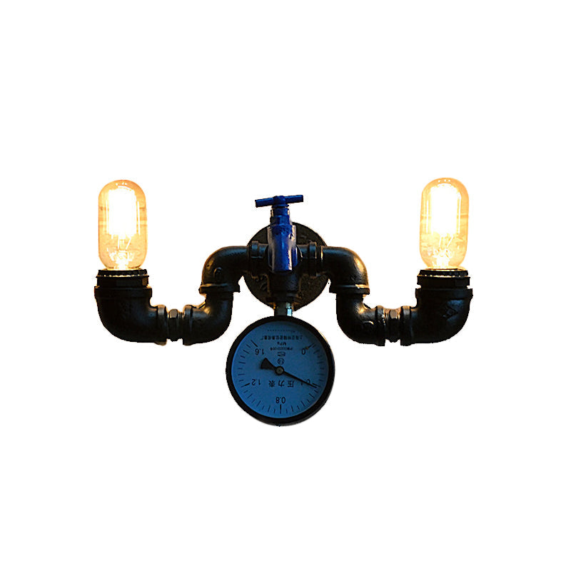 Vintage Pipe Wall Lamp With Pressure Gauge And Faucet Accent - 2 Light Metal Sconce In Black