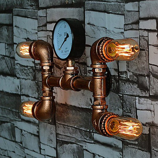 Bare Bulb Rustic Iron Wall Sconce With Gauge Deco - 4-Light Copper Mount For Dining Room