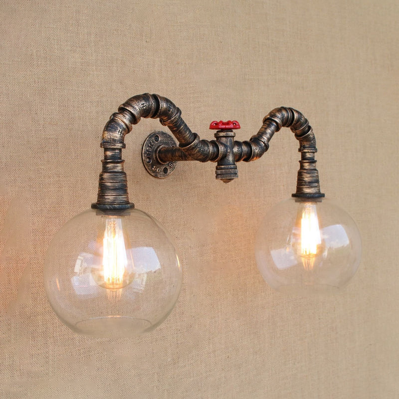 Vintage Style Wall Sconce Lighting: Glass Clear Mounted Global Shade 2/3 Lights With Pipe For Living