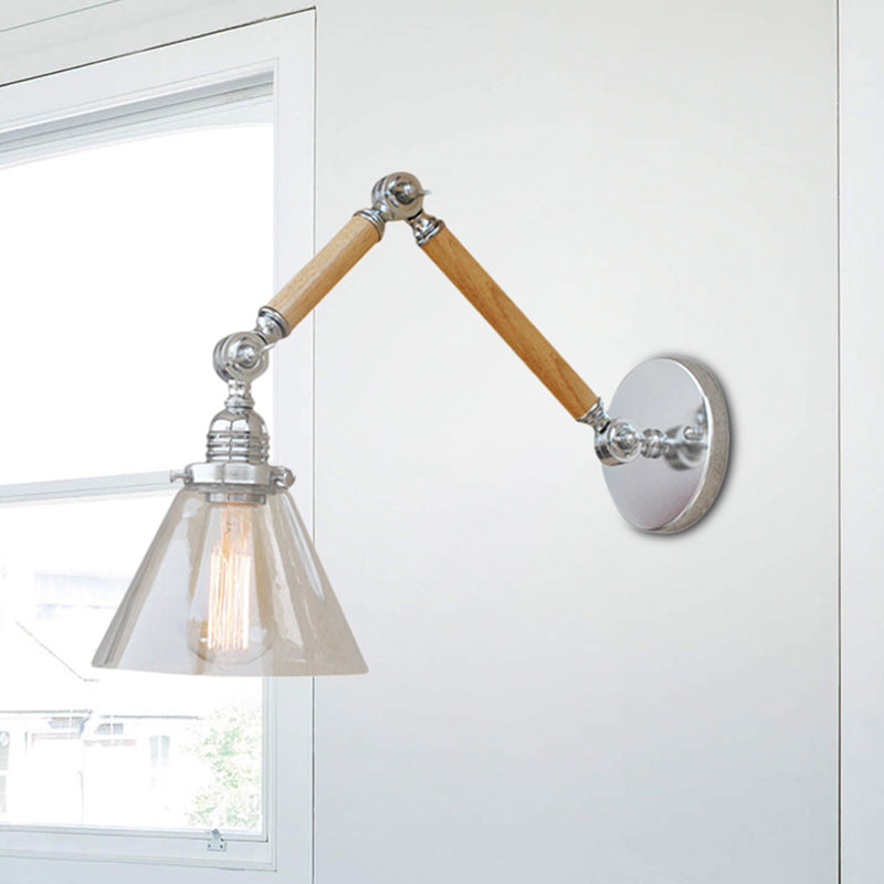 Vintage Style Clear Glass Cone Bedside Sconce Light Fixture With Chrome Wall Mount - Wooden Arm