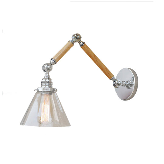 Vintage Style Clear Glass Cone Bedside Sconce Light Fixture With Chrome Wall Mount - Wooden Arm