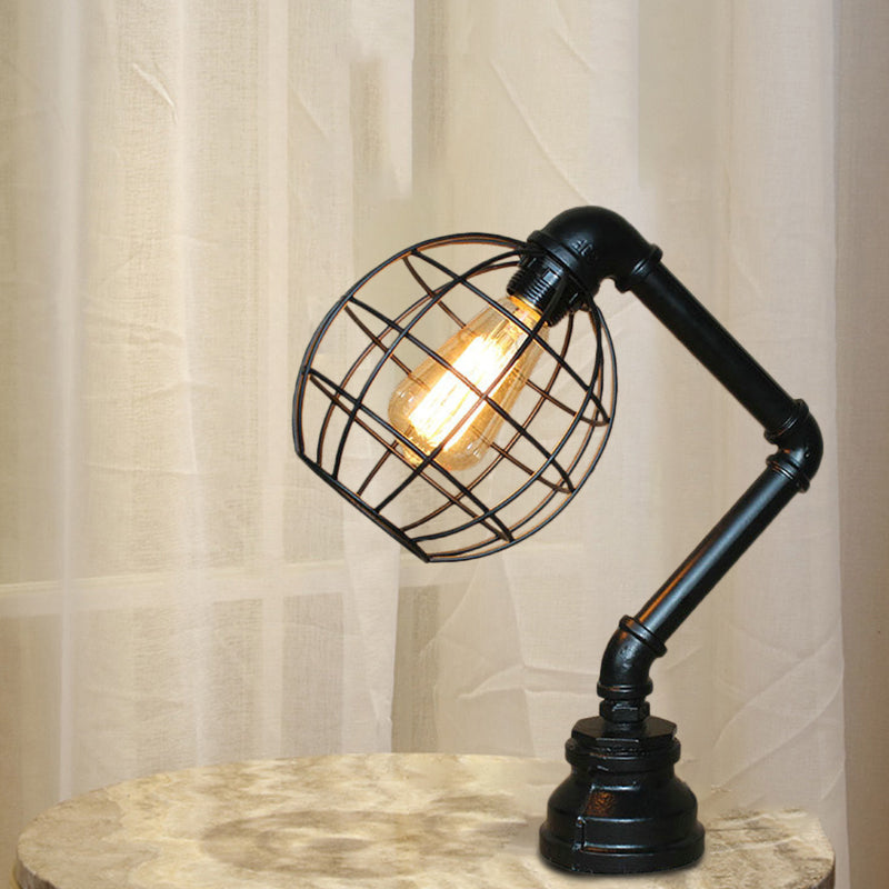 Vintage Metal Table Lamp - Industrial Black Cage Design For Coffee Shops And More / Globe