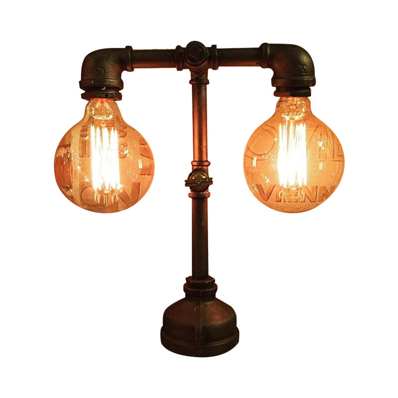 Industrial Water Pipe Table Lamp - 2 Lights Stylish Black Metal Fixture For Restaurant Lighting