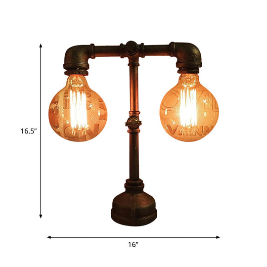 Industrial Water Pipe Table Lamp - 2 Lights Stylish Black Metal Fixture For Restaurant Lighting