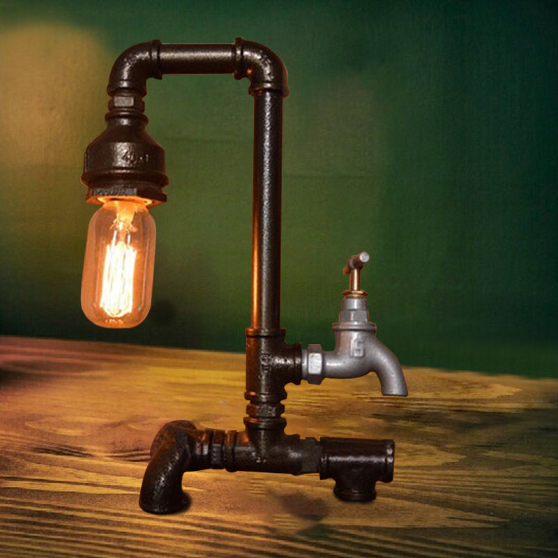 Vintage Style Water Pipe Wrought Iron Lighting Fixture With Faucet - Head Table In Black Finish