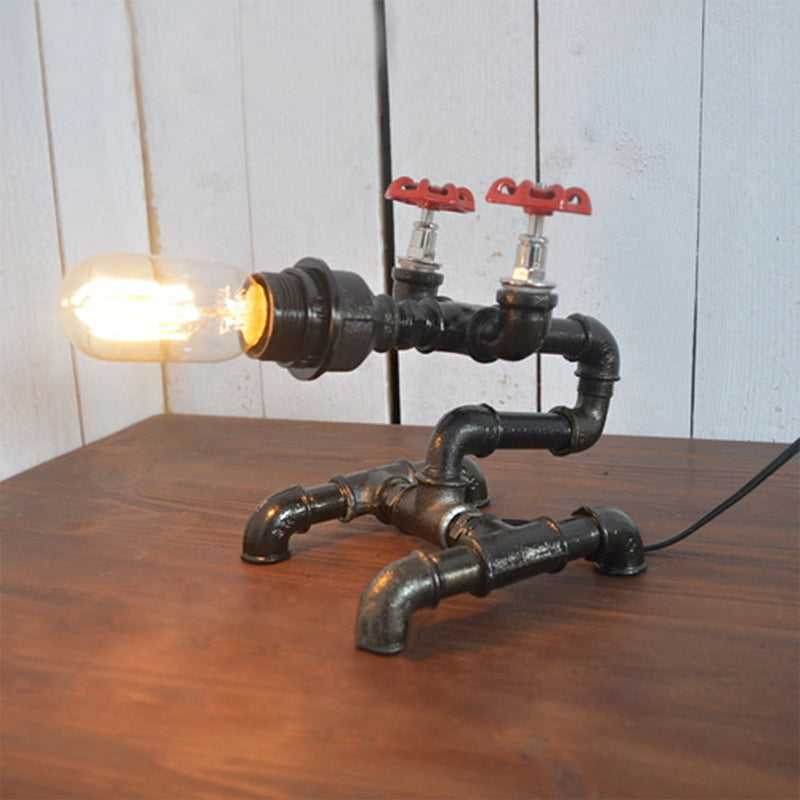 Industrial Metallic Bare Bulb Table Lamp With Pipe-Like Base - Black Finish