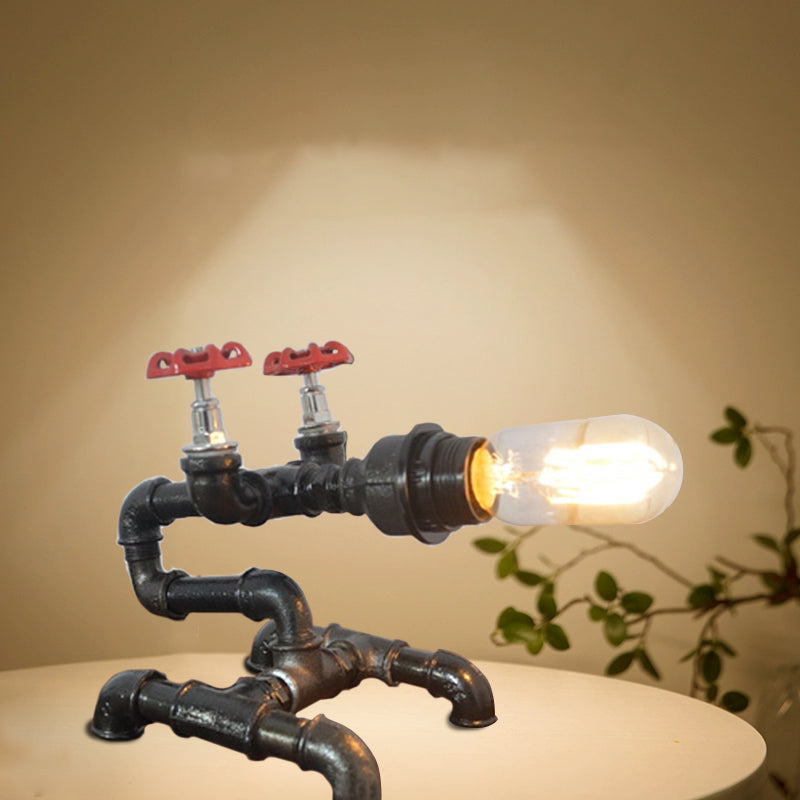 Industrial Metallic Bare Bulb Table Lamp With Pipe-Like Base - Black Finish