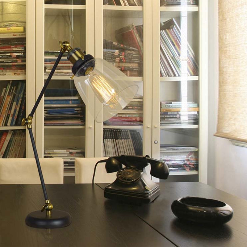 Industrial Black Desk Lamp With Swing Arm & Tapered Clear Glass Shade