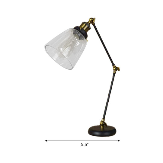 Industrial Black Desk Lamp With Swing Arm & Tapered Clear Glass Shade