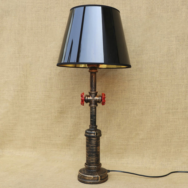 Industrial Pipe Table Light With Tapered Shade & Valve In Black - 1 Lamp For Indoor Use