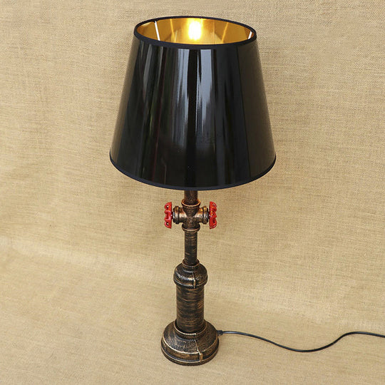 Industrial Pipe Table Light With Tapered Shade & Valve In Black - 1 Lamp For Indoor Use