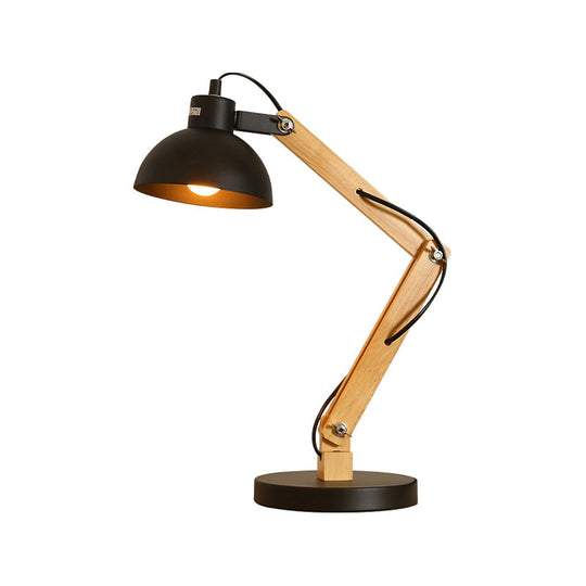 Loft Style Domed Desk Lamp - Metal With Wood Arm Adjustable Black/White 1-Light Reading Light For