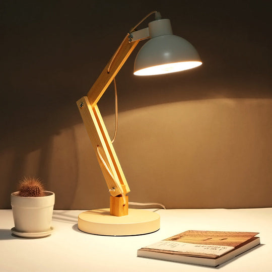 Loft Style Domed Desk Lamp - Metal With Wood Arm Adjustable Black/White 1-Light Reading Light For