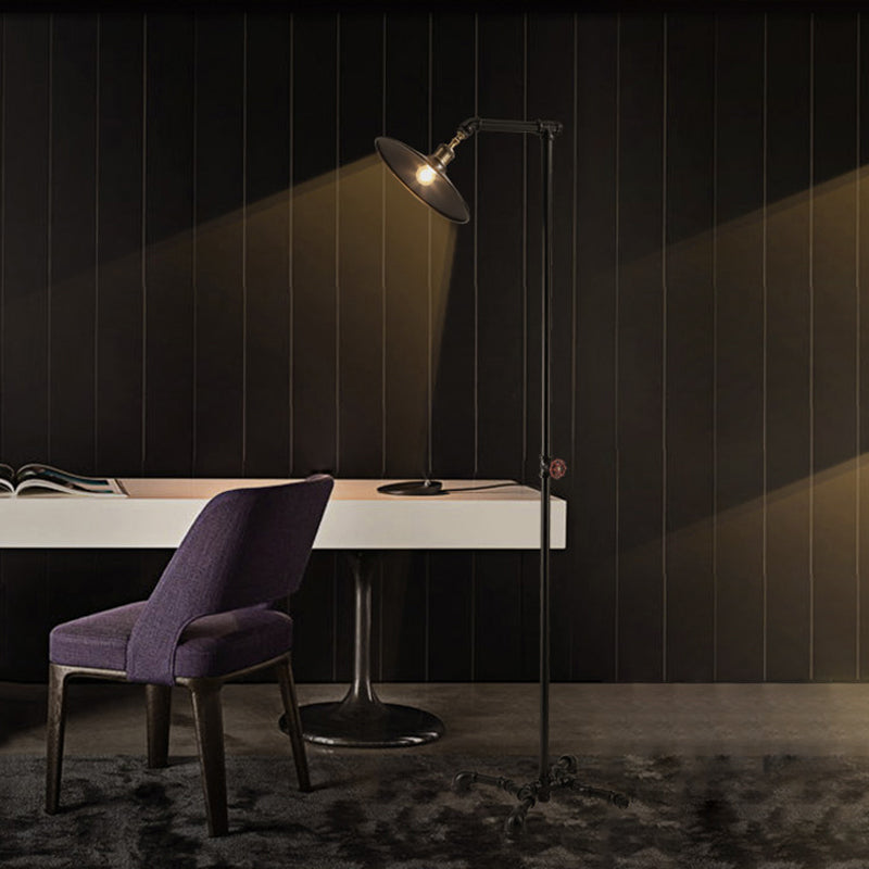 Industrial Rustic Brass Metal Floor Lamp - Flat Shade 1 Light Standing For Living Room