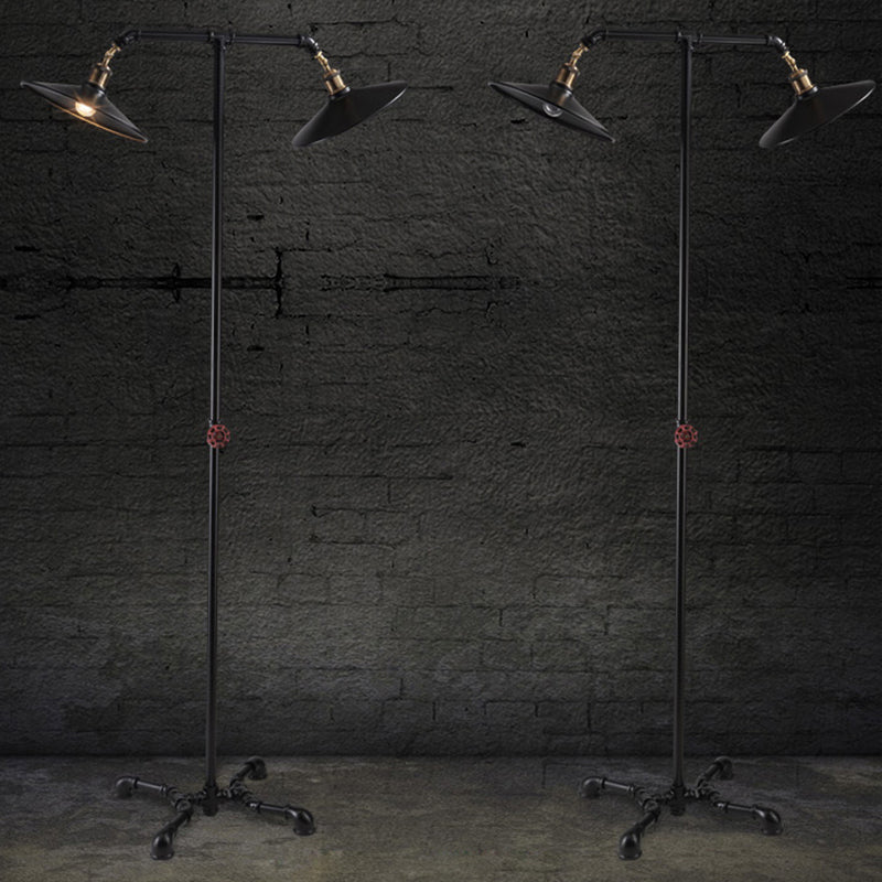 Vintage Industrial Black Metallic Standing Floor Lamp With Flared Lights - Perfect For Bedroom