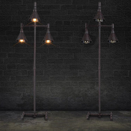 Antique-Style Iron Floor Lamp With 3 Lights Dark Rust Conical Shade And Elegant Pipe Design