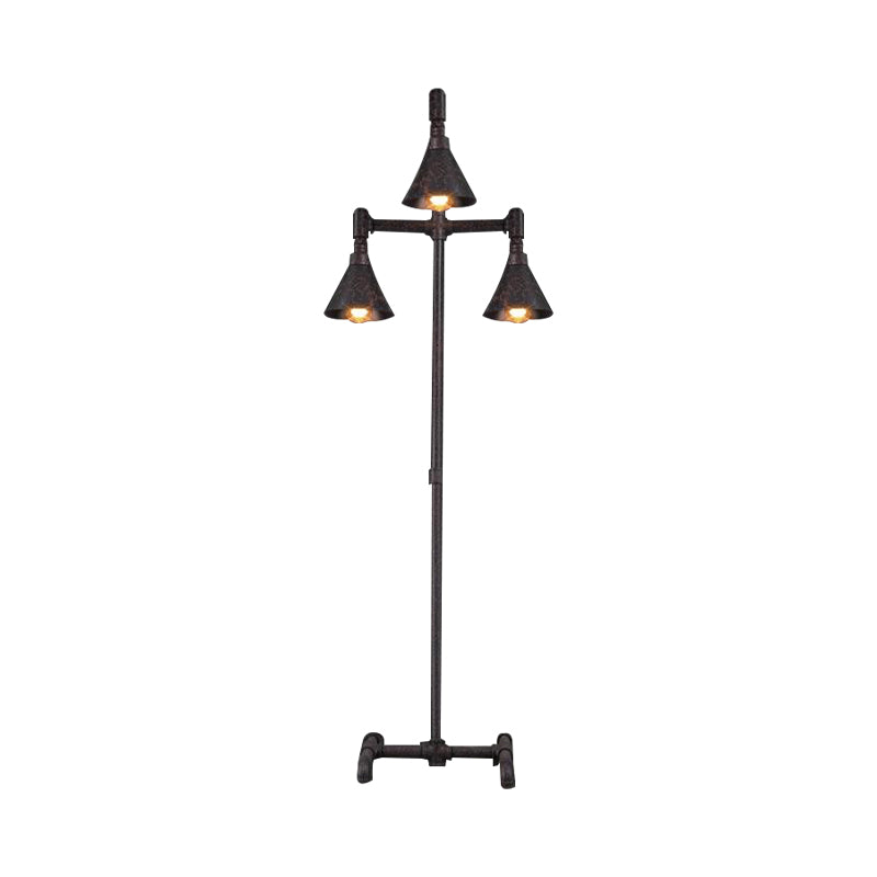 Antique-Style Iron Floor Lamp With 3 Lights Dark Rust Conical Shade And Elegant Pipe Design