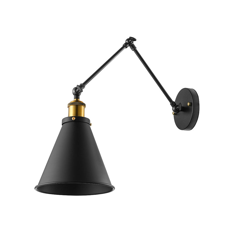 Retro Swing Arm Wall Light With Conic Shade - Indoor Black Metal Mount 1