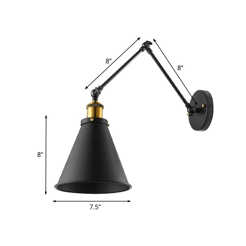 Retro Swing Arm Wall Light With Conic Shade - Indoor Black Metal Mount 1