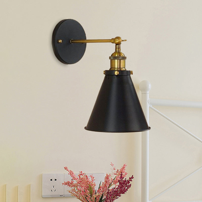 Industrial Black/Brass Sconce With Metal Conic Shade - Stylish Wall Lighting For Living Room