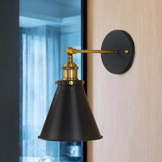 Industrial Black/Brass Sconce With Metal Conic Shade - Stylish Wall Lighting For Living Room