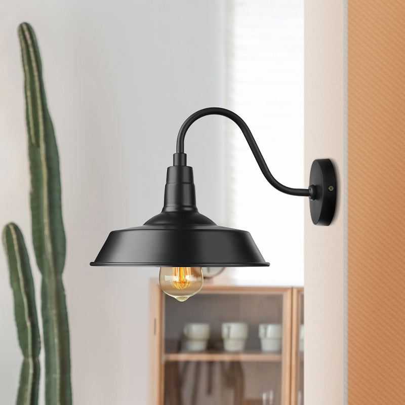 Industrial Barn Wall Sconce With Gooseneck Arm - Black/White 1 Light 10/14 Width