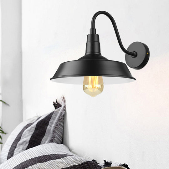 Industrial Barn Wall Sconce With Gooseneck Arm - Black/White 1 Light 10/14 Width