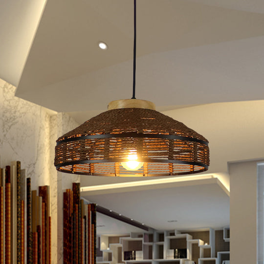 Rustic Brown Barn Shade Pendant Light - Single Woven Rattan Suspension Lamp With Wooden Cap For