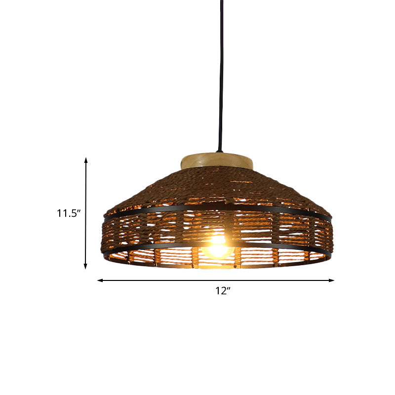 Rustic Brown Barn Shade Pendant Light - Single Woven Rattan Suspension Lamp With Wooden Cap For