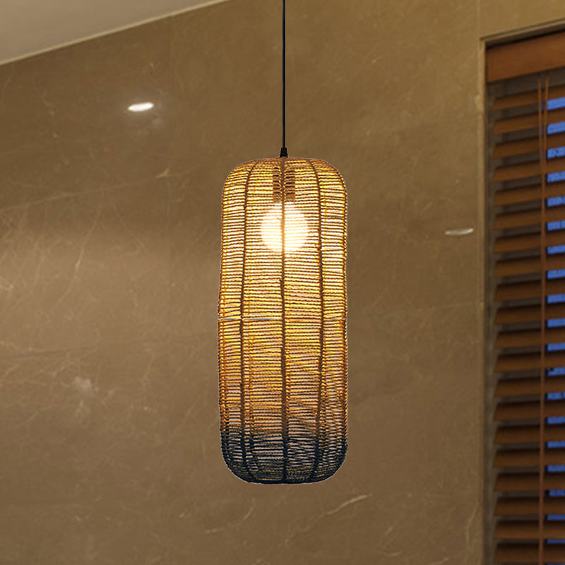 Contemporary Beige And Blue Curved/Elongated Pendant Light - Hemp Rope 1-Light 6.5/8.5/14 Wide Ideal