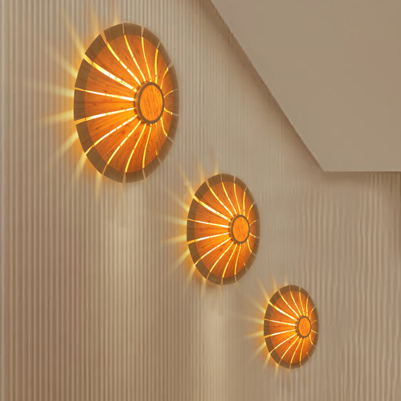 Modern Wood Veneer Wall Sconce Lighting - 19.5/23.5 Diameter Circular Design 1 Light For Living Room