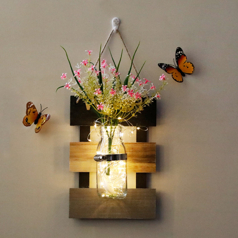 Contemporary Style Pink/Yellow Flower Wall Sconce With Clear Glass Bottle String Light For Cafes