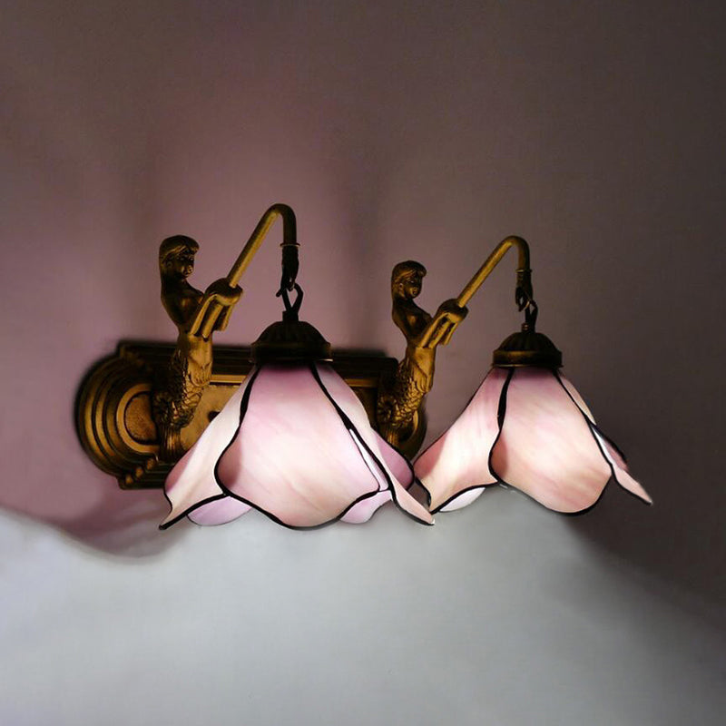 Tiffany Pink/Blue/Clear Glass Wall Mounted Sconce With Mermaid Backplate - 2-Light Floral Lighting