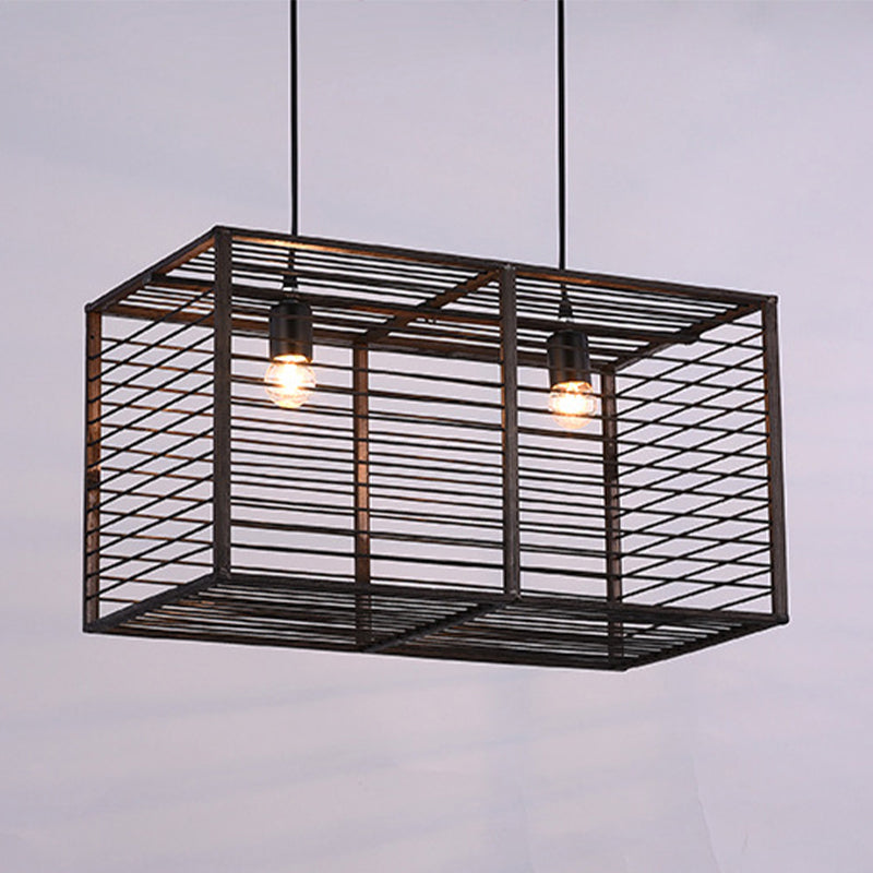 Modern Black Rectangle Cage Island Pendant Light - 16/19.5 W 2-Light Bamboo Suspension Lamp For