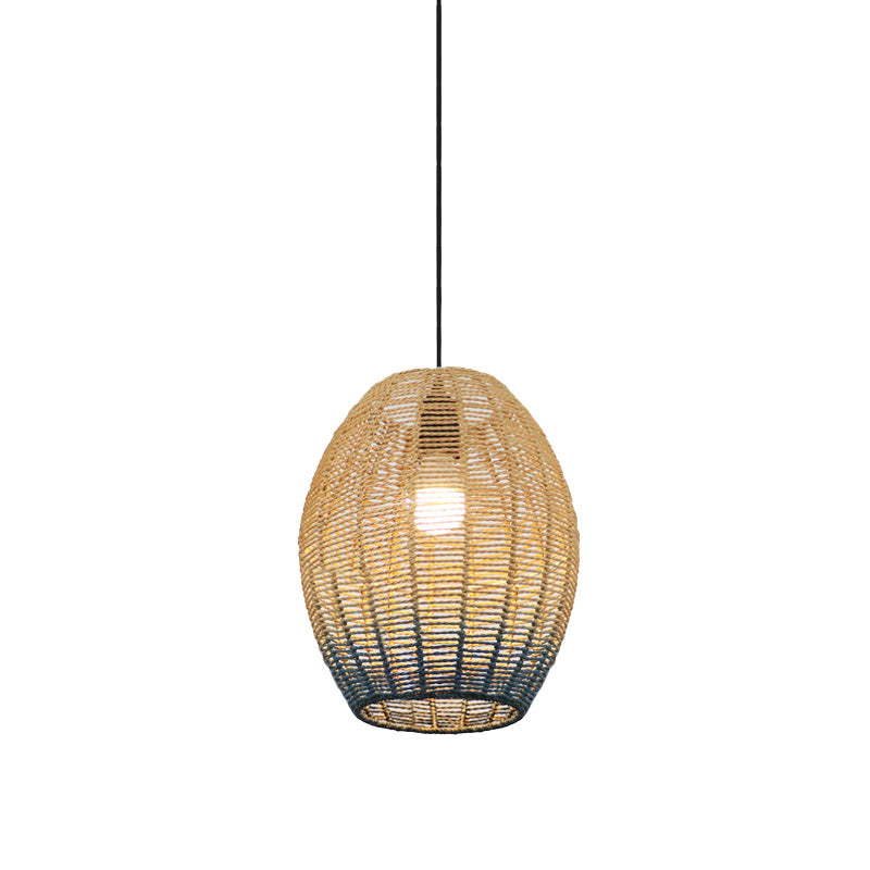 Chinese Straw Rope Pendant Lamp - Rustic Barrel Design With Red/Blue Hanging Light For Bedroom &