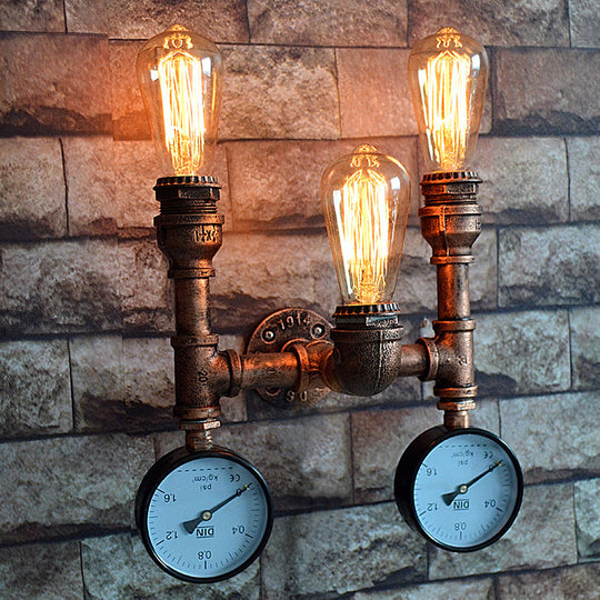 Industrial Style Wall Lamp With Bronzed Metal Finish - 3 Lights Open Bulb Gauge/Valve Decoration