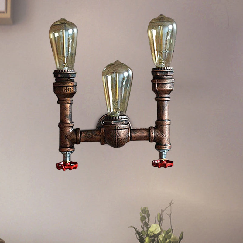 Industrial Style Wall Lamp With Bronzed Metal Finish - 3 Lights Open Bulb Gauge/Valve Decoration