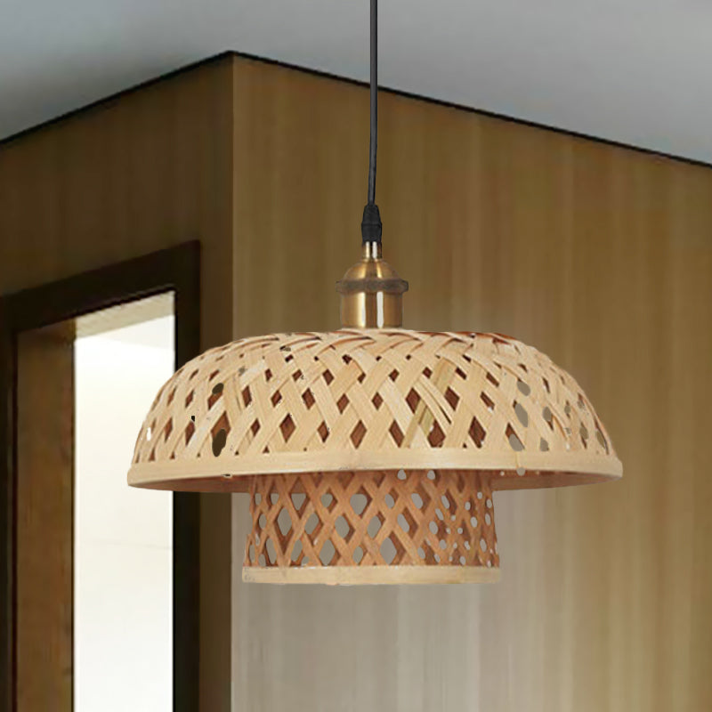 Modern Bamboo Pendant Lamp With Handcrafted Barrel/Dome Shade Beige Ideal For Coffee Shop / Bowl