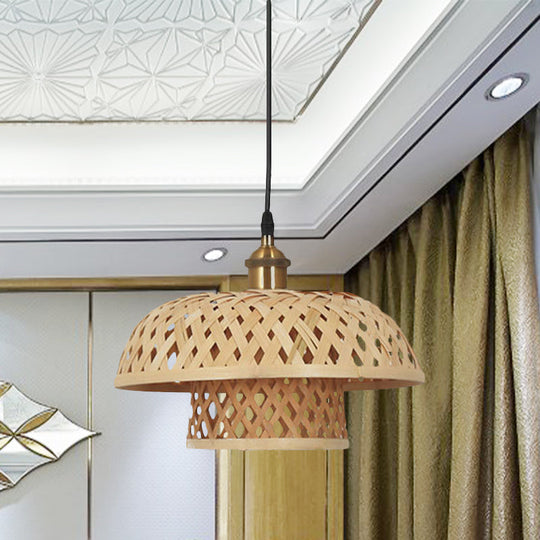 Modern Bamboo Pendant Lamp With Handcrafted Barrel/Dome Shade Beige Ideal For Coffee Shop