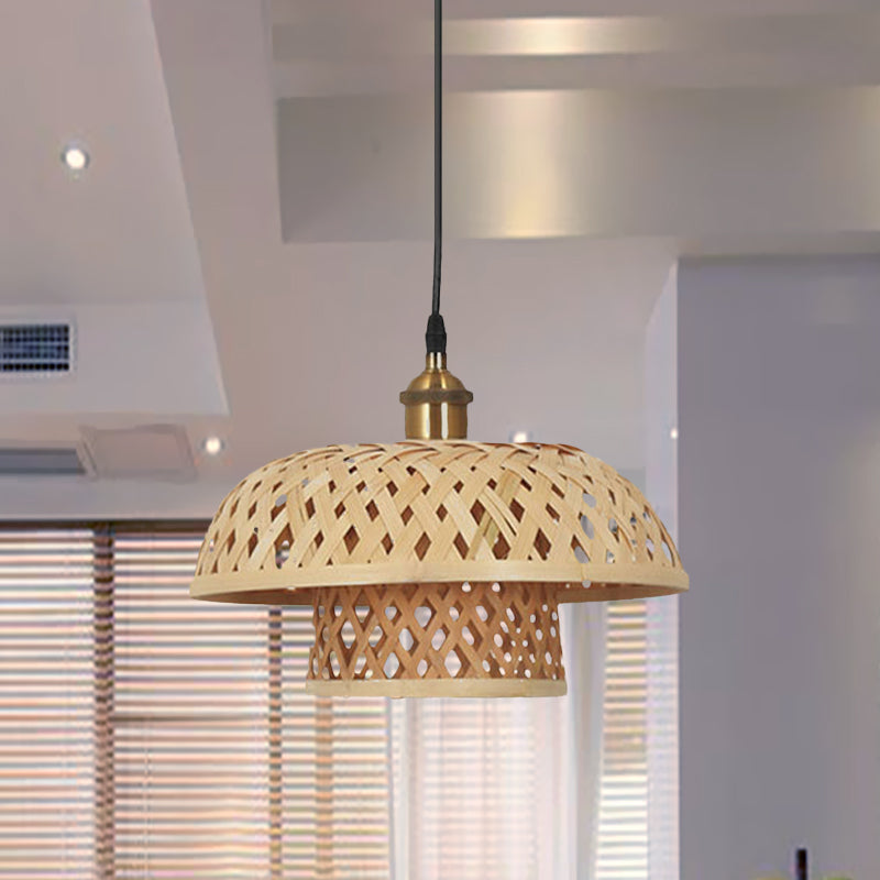 Modern Bamboo Pendant Lamp With Handcrafted Barrel/Dome Shade Beige Ideal For Coffee Shop