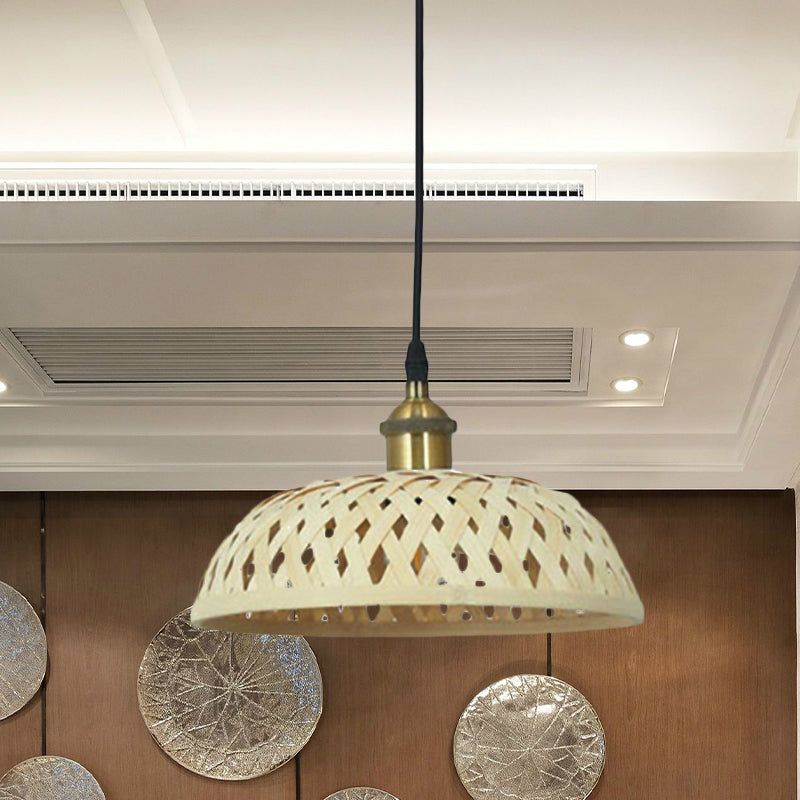 Modern Bamboo Pendant Lamp With Handcrafted Barrel/Dome Shade Beige Ideal For Coffee Shop / Dome