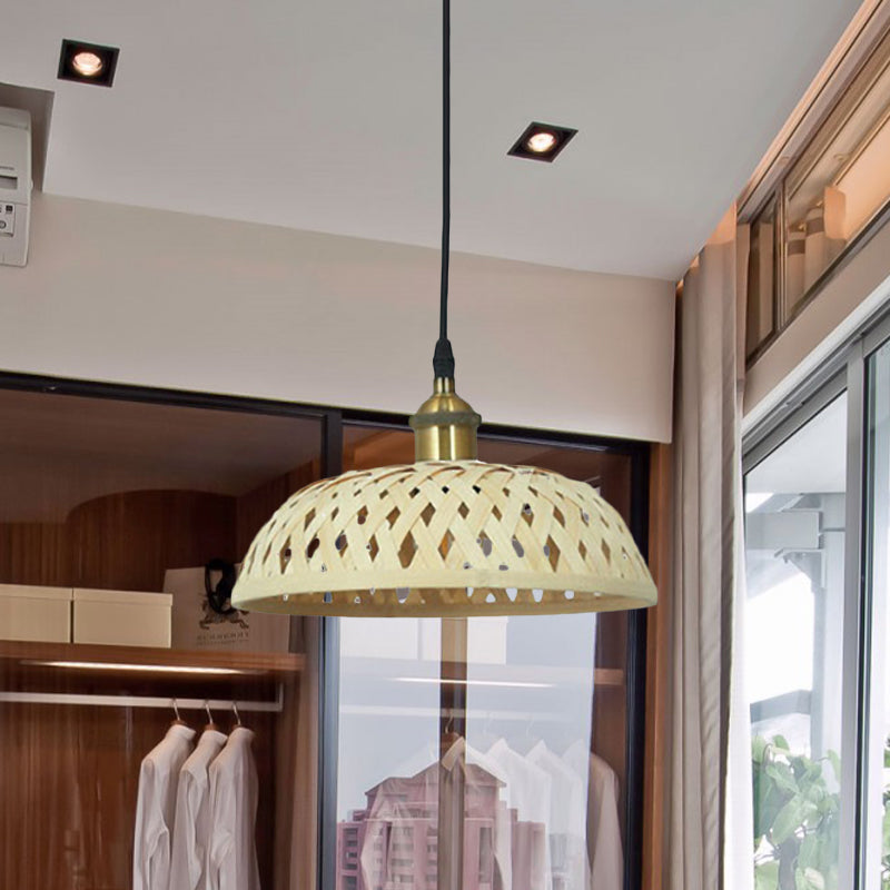 Modern Bamboo Pendant Lamp With Handcrafted Barrel/Dome Shade Beige Ideal For Coffee Shop