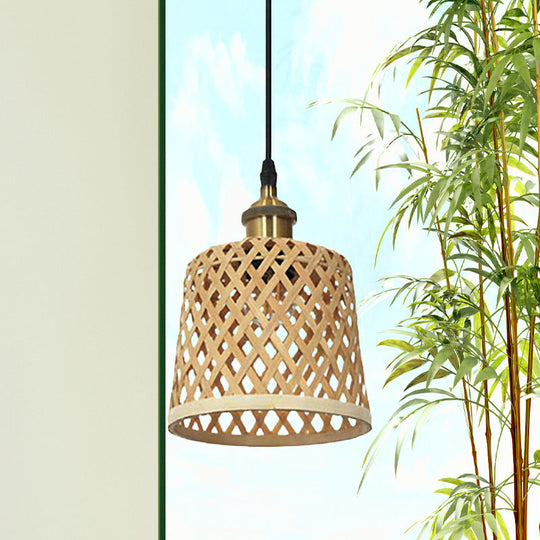Modern Bamboo Pendant Lamp With Handcrafted Barrel/Dome Shade Beige Ideal For Coffee Shop / Barrel