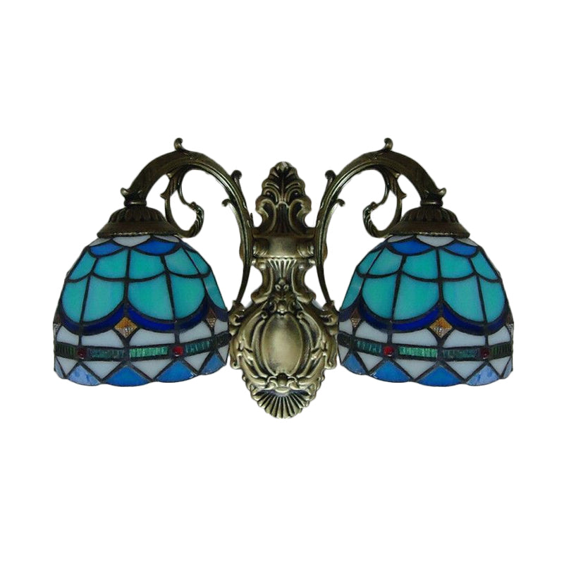 Blue Baroque Stained Glass Dome Sconce Light With Curved Arm - 2 Wall Fixture For Bedroom